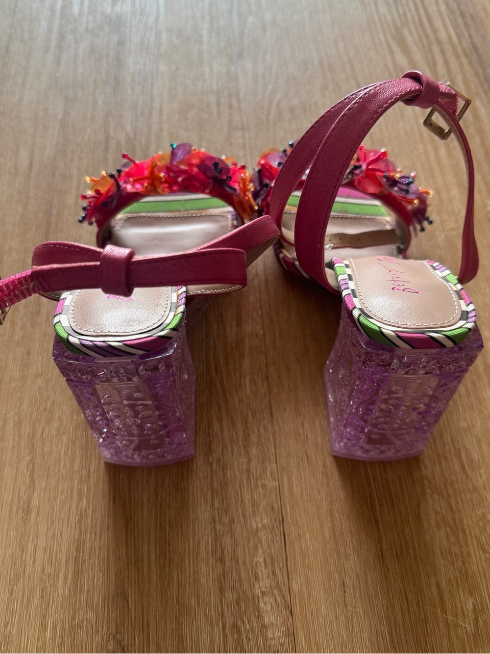 Betsey Johnson Pink Striped Floral Beaded Block Heel Sandals - Picture 5 of 6